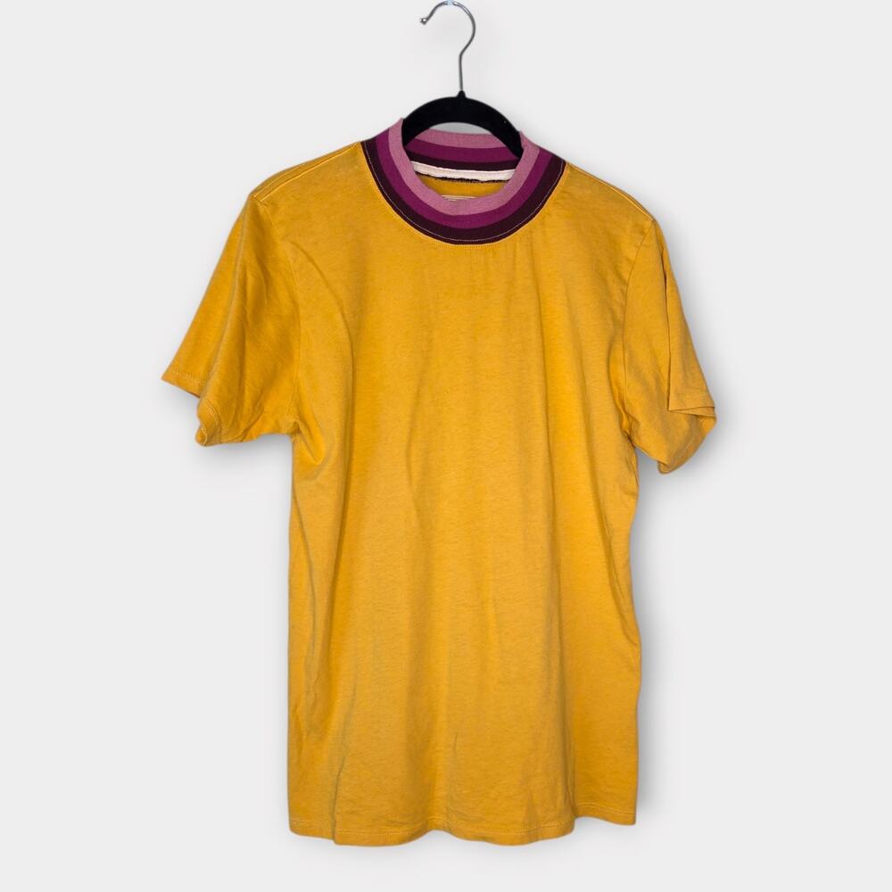 Big Bud Press Mustard Yellow T-Shirt Purple Neck Top 100% Cotton Women's XS